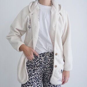 Vintage Club Hollywood Canada Cream Embroidered Fall Fleece Button Up Sweater M
